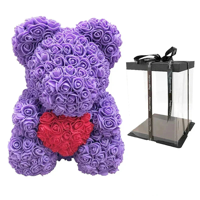 Rose Bear Artificial Flower Teddy Bear - Handmade PE Foam Everlasting Roses Gift for Women - Romantic Anniversary and Valentines Decor - 40cm Red