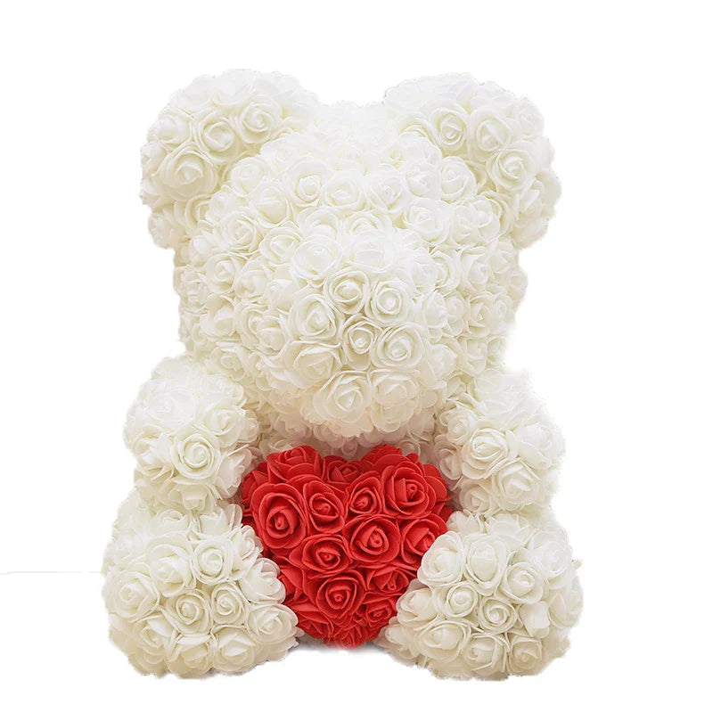 Rose Bear Artificial Flower Teddy Bear - Handmade PE Foam Everlasting Roses Gift for Women - Romantic Anniversary and Valentines Decor - 40cm Red