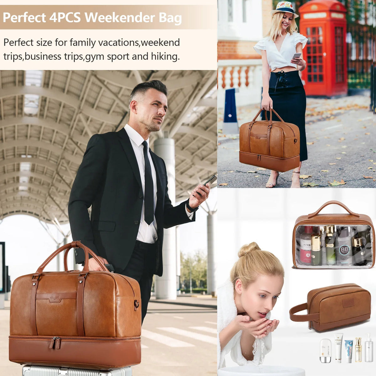 Retro PU Leather Gym Bag – Large Waterproof Travel Duffel with 4-Piece Set for Women & Men