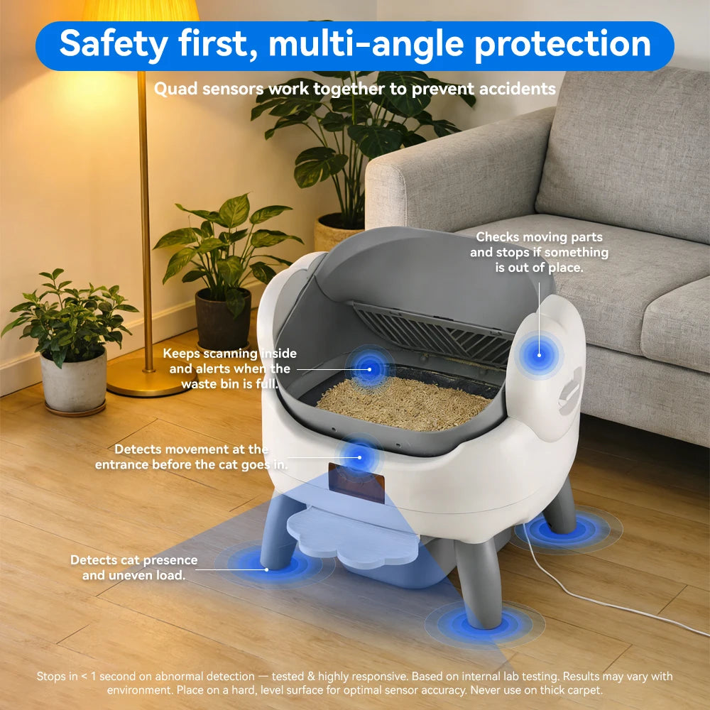 Large Automatic Self-Cleaning Cat Litter Box with Smart App Control - Open Top Pet Toilet with Radar Safety Sensors and Detachable Step - Gray