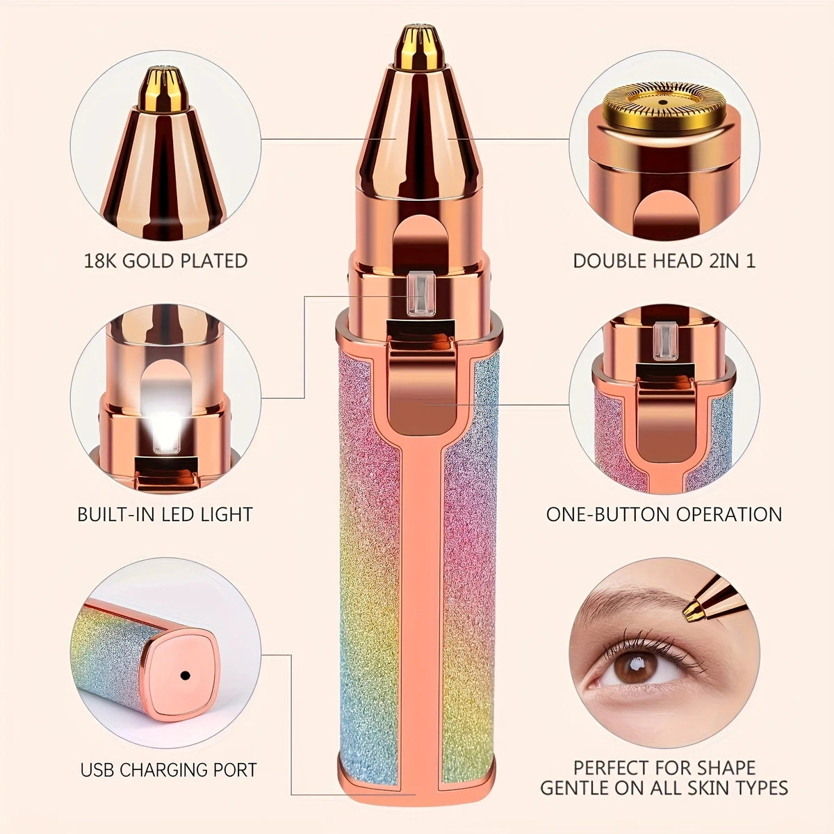 Rechargeable Electric Eyebrow Trimmer for Women - Waterproof Rotary and Vibrating Shaver with Stainless Steel Blades and USB Charging - IPX5