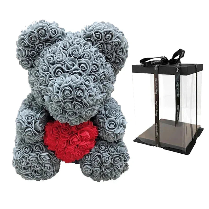 Rose Bear Artificial Flower Teddy Bear - Handmade PE Foam Everlasting Roses Gift for Women - Romantic Anniversary and Valentines Decor - 40cm Red