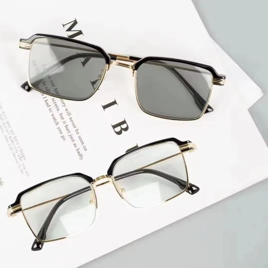 Unisex Anti Blue Light Reading Glasses with Color Changing Photochromic Lenses - Metal Frame Square Eyeglasses for Diamond Face Shapes - Gray