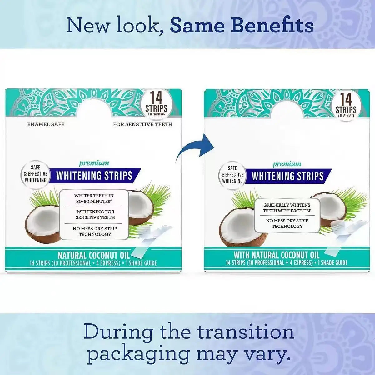 Professional Teeth Whitening Strips with Coconut Oil for Adults - Mint Flavor Non-Slip Dry Strip Technology - 14 Strips for 7 Daily Treatments