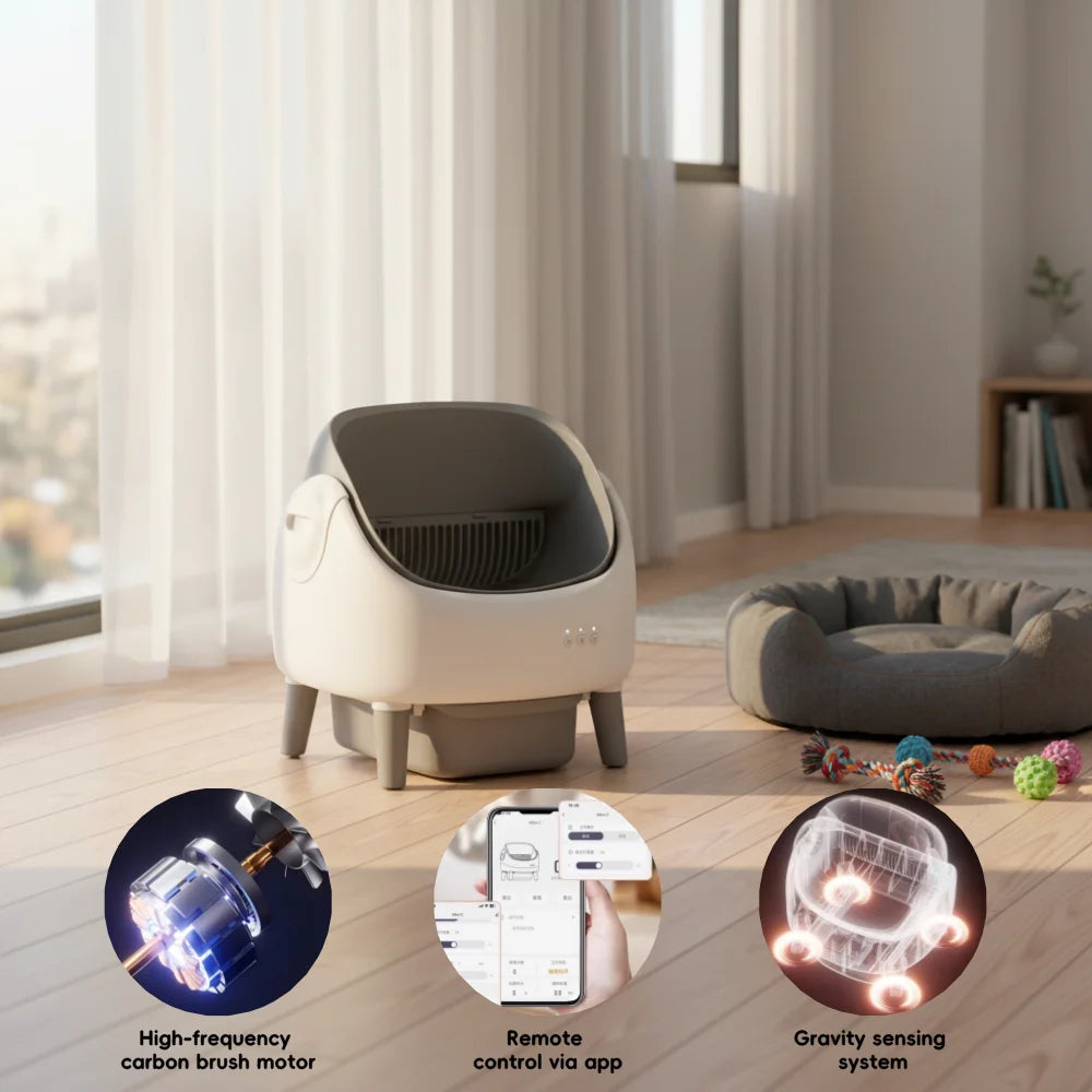 Automatic Self-Cleaning Cat Litter Box with Smart App Control - Large 76L Capacity Plastic Pet Toilet with Dual Safety Sensors for Cats - Grey-White