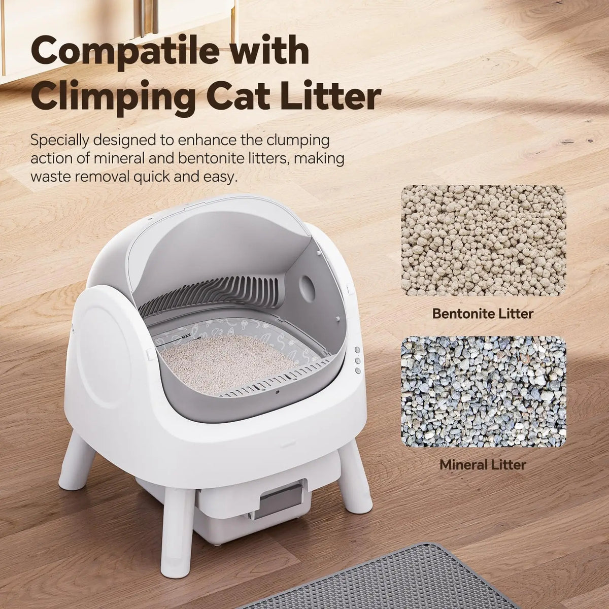 Smart Automatic Self-Cleaning Cat Litter Box with 10L Waste Tray - Quiet Plastic Pet Toilet with Safety Sensors for Cats of All Sizes - Gray