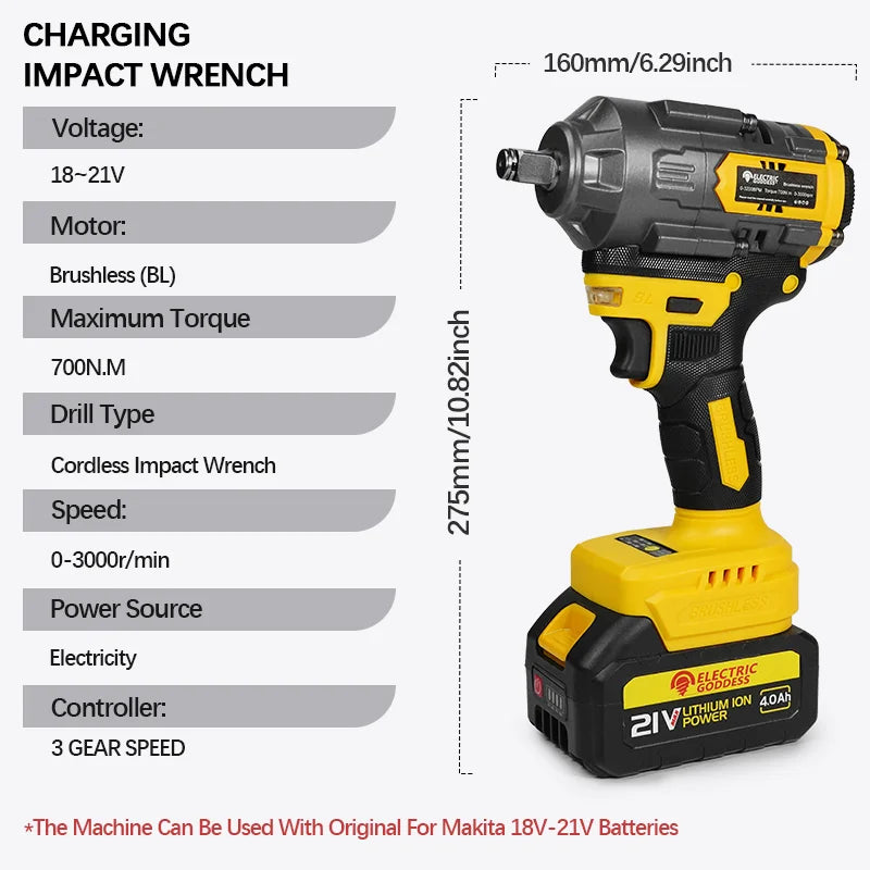 Industrial Brushless Electric Impact Wrench 1/2 Inch Drive - 700Nm High Torque 21V Cordless Power Tool with 3000RPM for Automotive