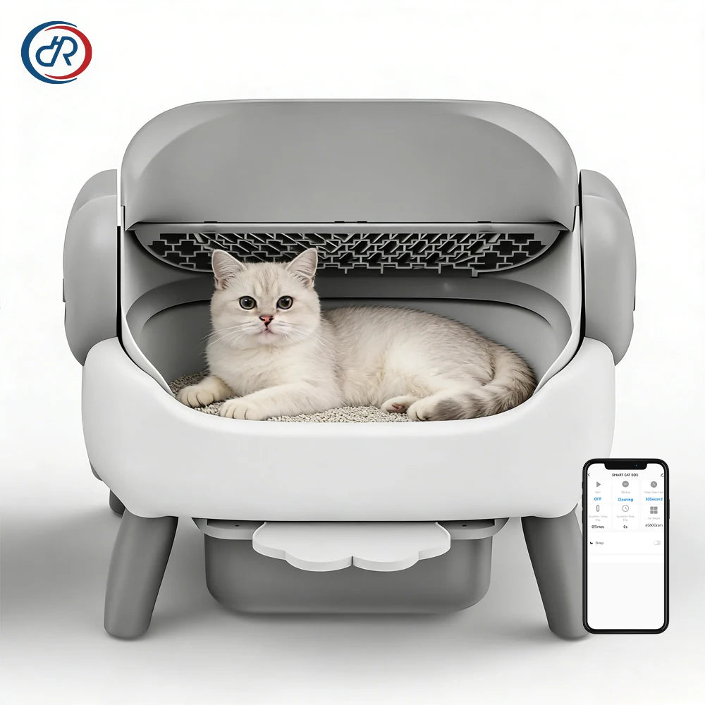 Extra Large Open-Top Automatic Self-Cleaning Cat Litter Box with Smart App Control - Heavy Duty Plastic Pet Toilet for Maine Coons and Multiple Cats