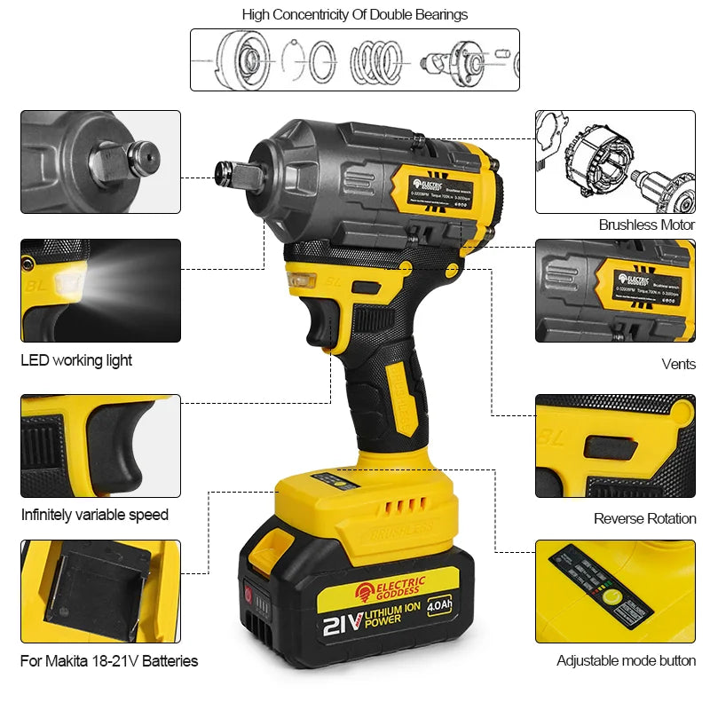 Industrial Brushless Electric Impact Wrench 1/2 Inch Drive - 700Nm High Torque 21V Cordless Power Tool with 3000RPM for Automotive