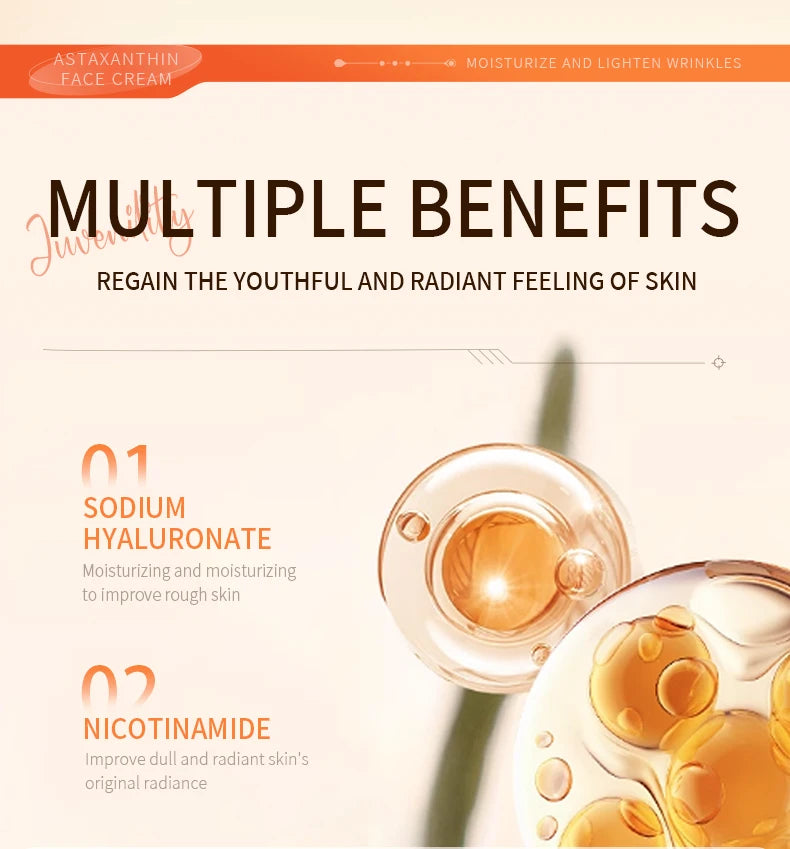 Astaxanthin and Niacinamide Anti-Wrinkle Face Cream for Women - Rejuvenating Facial Serum Moisturizer for Improved Skin Texture and Tone - 80g