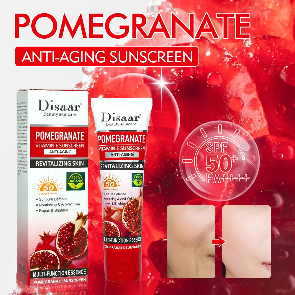 Pomegranate Sunscreen SPF 50 PA+++ with Vitamin E and C - Hydrating Face and Body Moisturizing Cream for Sunburn Protection and Repair
