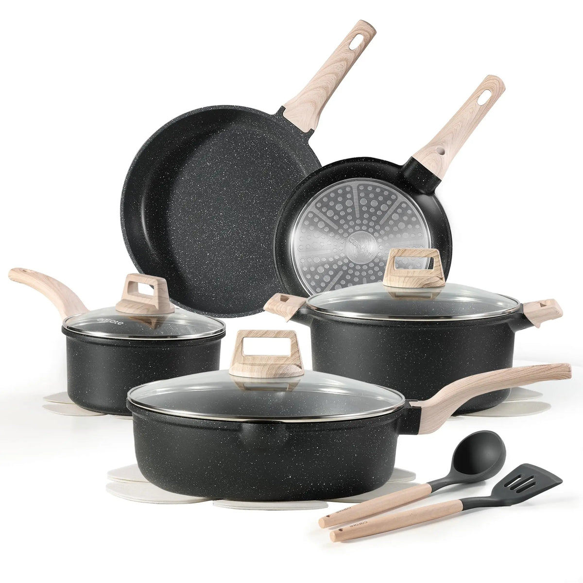 14-Piece Ceramic and Aluminum Cookware Set with Glass Lids - Non-Stick Kitchenware Pots and Pans for Gas and Induction Stovetops - Black
