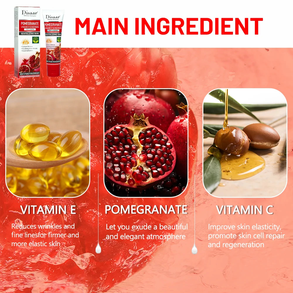 Pomegranate Sunscreen SPF 50 PA+++ with Vitamin E and C - Hydrating Face and Body Moisturizing Cream for Sunburn Protection and Repair