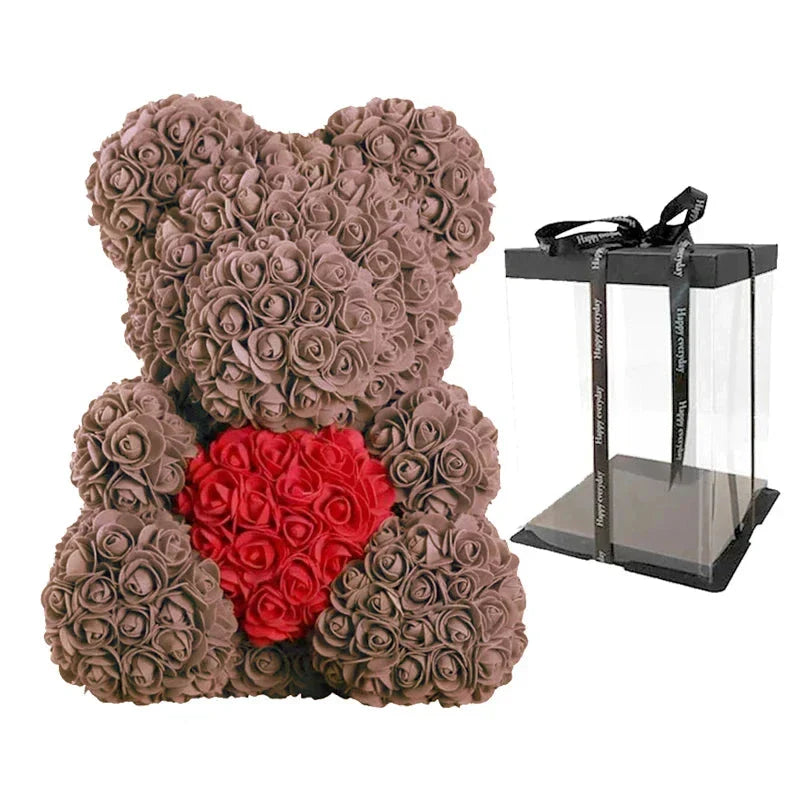 Rose Bear Artificial Flower Teddy Bear - Handmade PE Foam Everlasting Roses Gift for Women - Romantic Anniversary and Valentines Decor - 40cm Red