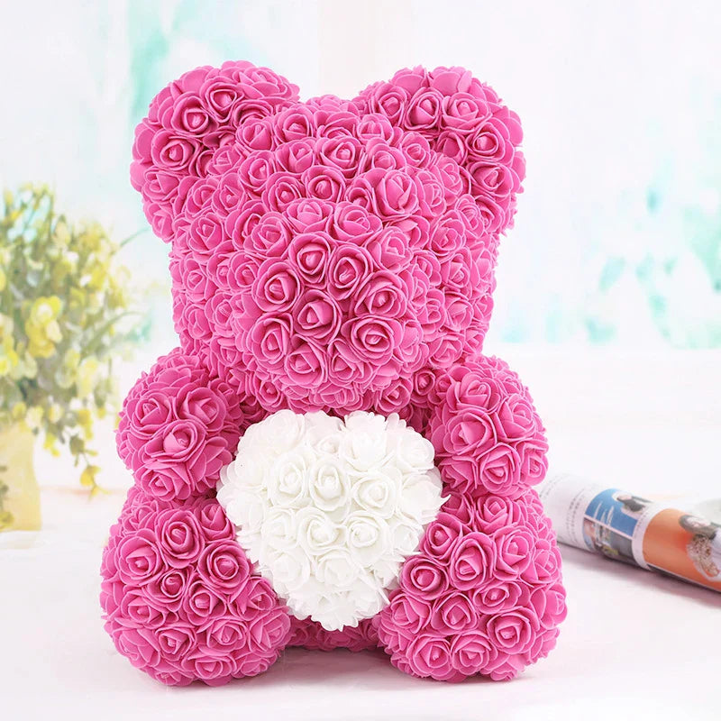 Rose Bear Artificial Flower Teddy Bear - Handmade PE Foam Everlasting Roses Gift for Women - Romantic Anniversary and Valentines Decor - 40cm Red