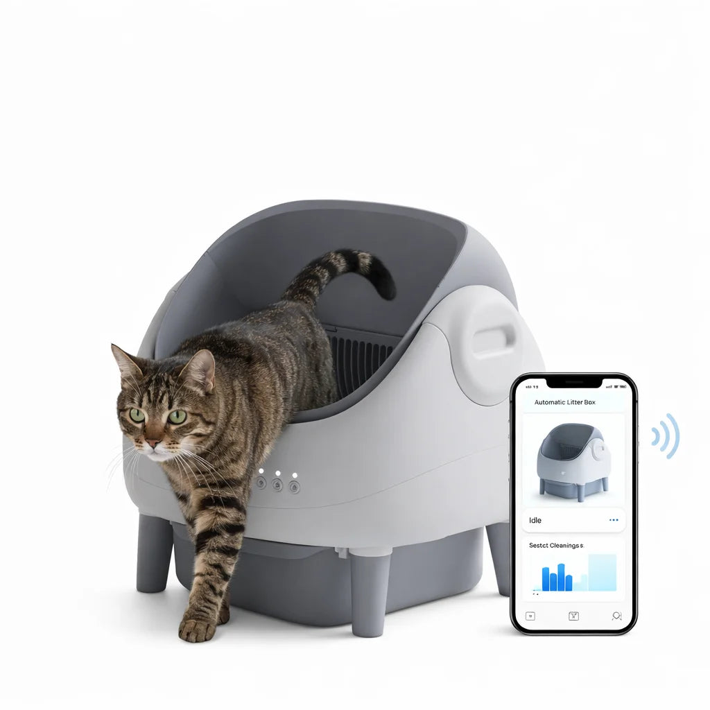 Automatic Self-Cleaning Cat Litter Box with Smart App Control - Large 76L Capacity Plastic Pet Toilet with Dual Safety Sensors for Cats - Grey-White