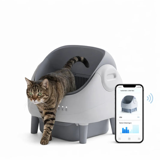 Automatic Self-Cleaning Cat Litter Box with Smart App Control - Large 76L Capacity Plastic Pet Toilet with Dual Safety Sensors for Cats - Grey-White