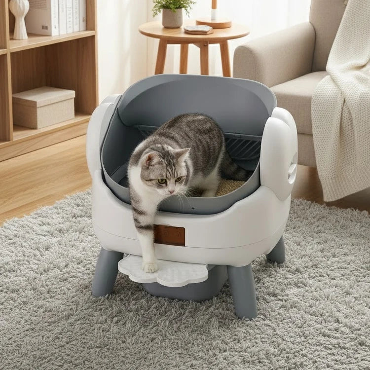 Large Automatic Self-Cleaning Cat Litter Box with Smart App Control - Open Top Pet Toilet with Radar Safety Sensors and Detachable Step - Gray