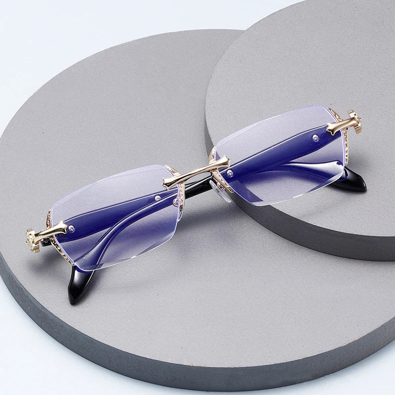 Unisex Rimless Square Reading Glasses - Blue Light Blocking Lightweight Metal Frame Eyeglasses for Men and Women - Presbyopia Corrective Lenses