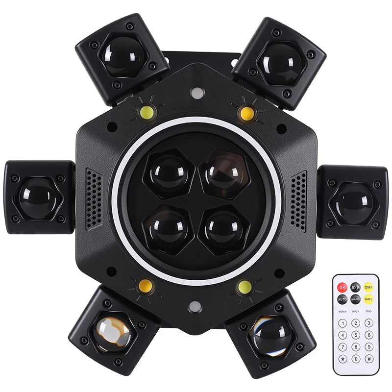 Moving Head LED Stage Light 120W - RGBW 4-in-1 Bee Eye Beam DJ Lighting with 6 Rotating Arms and DMX Control for Disco Party Events