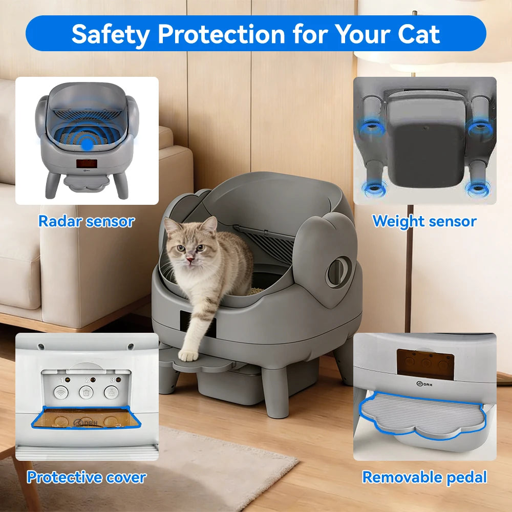Extra Large Open-Top Automatic Self-Cleaning Cat Litter Box with Smart App Control - Heavy Duty Plastic Pet Toilet for Maine Coons and Multiple Cats