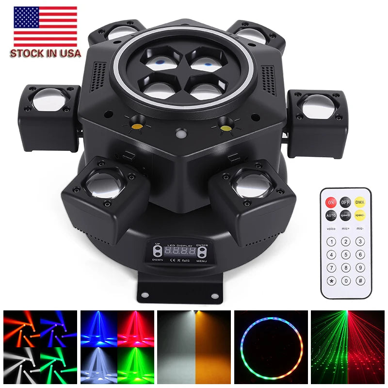 Moving Head LED Stage Light 120W - RGBW 4-in-1 Bee Eye Beam DJ Lighting with 6 Rotating Arms and DMX Control for Disco Party Events