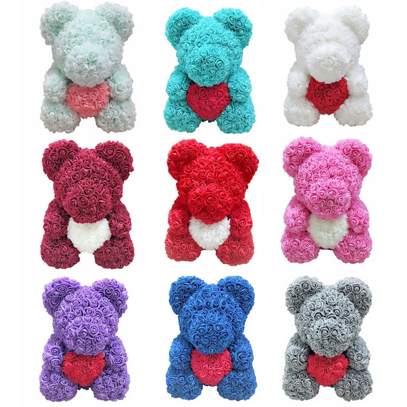 Rose Bear Artificial Flower Teddy Bear - Handmade PE Foam Everlasting Roses Gift for Women - Romantic Anniversary and Valentines Decor - 40cm Red