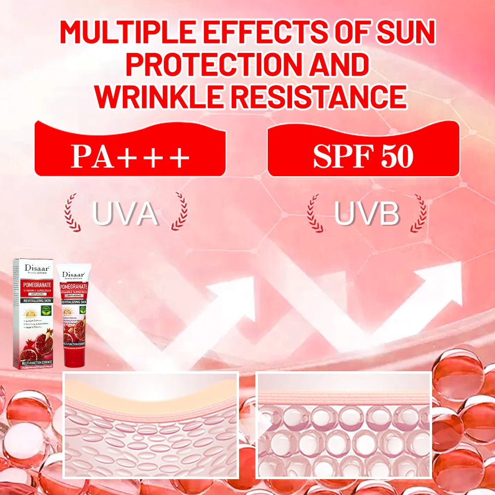 Pomegranate Sunscreen SPF 50 PA+++ with Vitamin E and C - Hydrating Face and Body Moisturizing Cream for Sunburn Protection and Repair