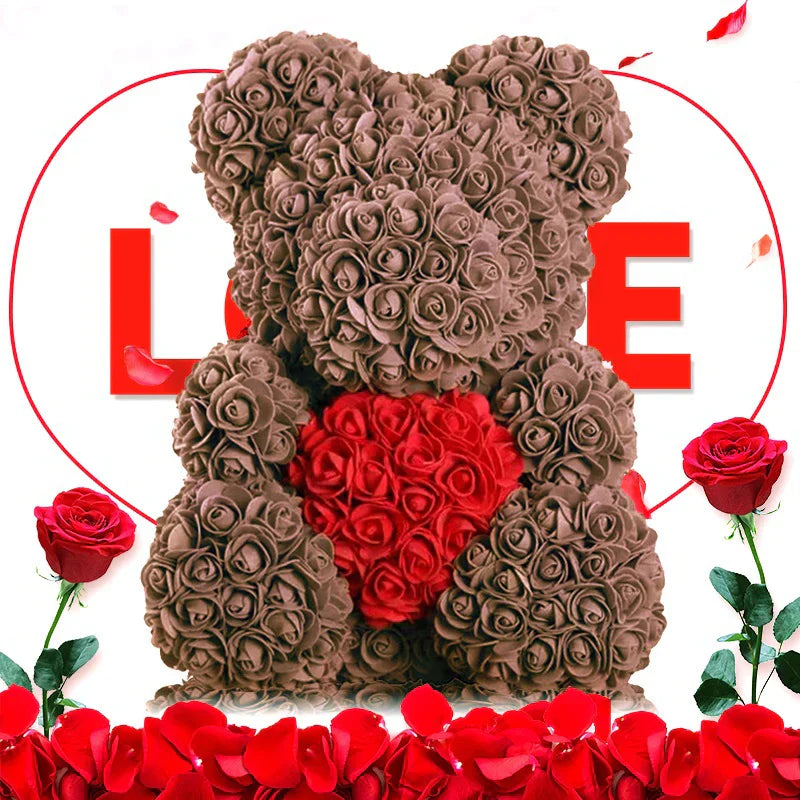 Rose Bear Artificial Flower Teddy Bear - Handmade PE Foam Everlasting Roses Gift for Women - Romantic Anniversary and Valentines Decor - 40cm Red