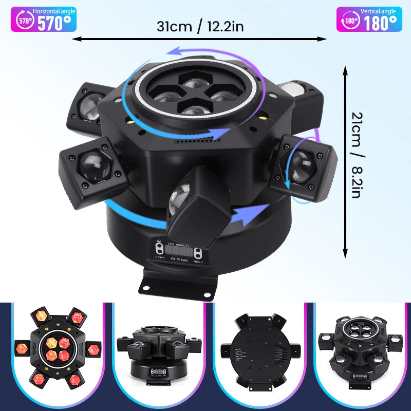 Moving Head LED Stage Light 120W - RGBW 4-in-1 Bee Eye Beam DJ Lighting with 6 Rotating Arms and DMX Control for Disco Party Events