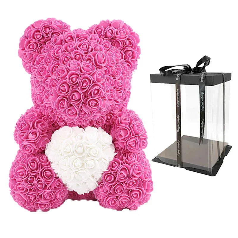 Rose Bear Artificial Flower Teddy Bear - Handmade PE Foam Everlasting Roses Gift for Women - Romantic Anniversary and Valentines Decor - 40cm Red