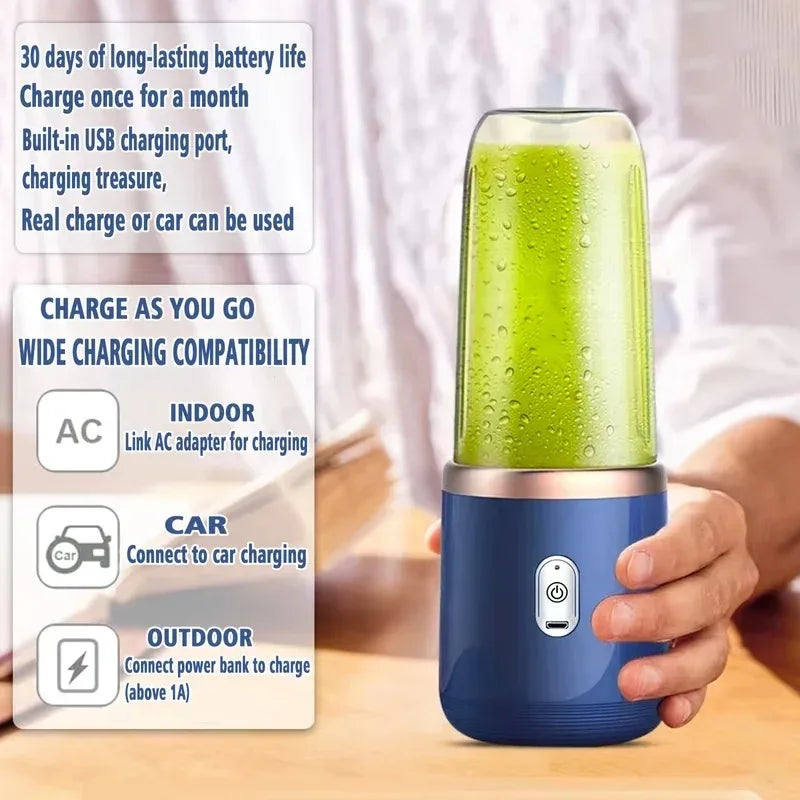 Portable Wireless Personal Juicer Blender for Fruit and Vegetables - USB Rechargeable Small Juice Mixing Cup with 6 Stainless Steel Blades - 400ml