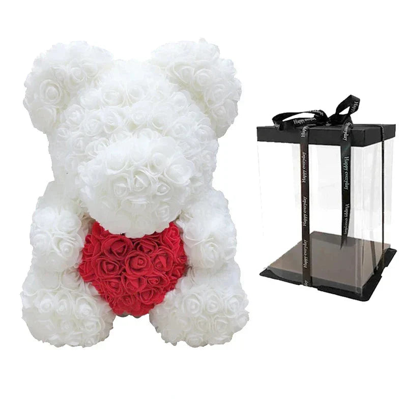 Rose Bear Artificial Flower Teddy Bear - Handmade PE Foam Everlasting Roses Gift for Women - Romantic Anniversary and Valentines Decor - 40cm Red