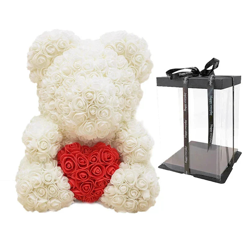 Rose Bear Artificial Flower Teddy Bear - Handmade PE Foam Everlasting Roses Gift for Women - Romantic Anniversary and Valentines Decor - 40cm Red