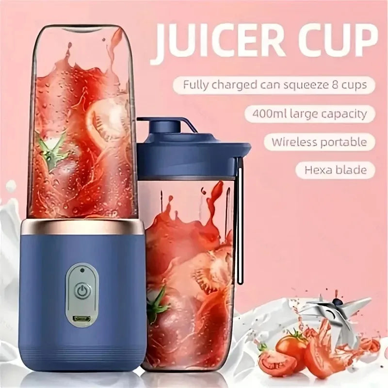 Portable Wireless Personal Juicer Blender for Fruit and Vegetables - USB Rechargeable Small Juice Mixing Cup with 6 Stainless Steel Blades - 400ml