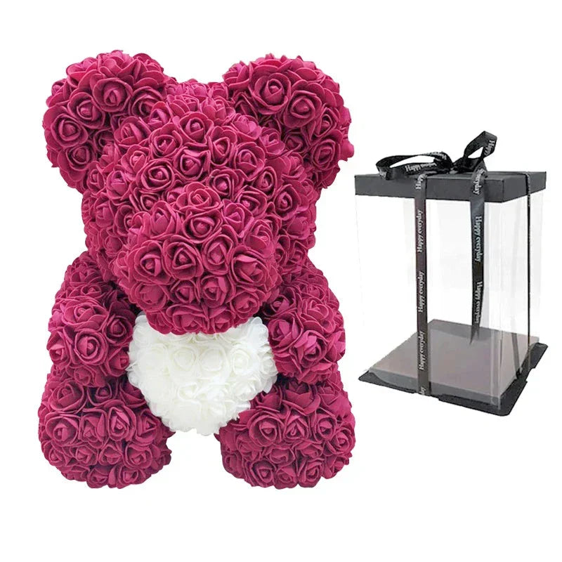 Rose Bear Artificial Flower Teddy Bear - Handmade PE Foam Everlasting Roses Gift for Women - Romantic Anniversary and Valentines Decor - 40cm Red