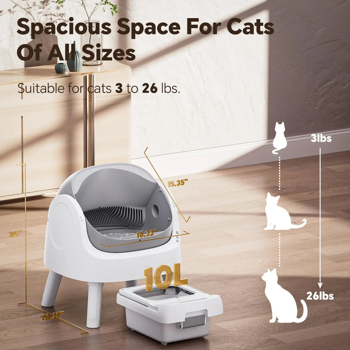 Smart Automatic Self-Cleaning Cat Litter Box with 10L Waste Tray - Quiet Plastic Pet Toilet with Safety Sensors for Cats of All Sizes - Gray