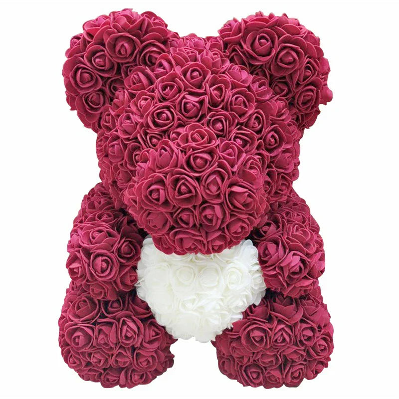 Rose Bear Artificial Flower Teddy Bear - Handmade PE Foam Everlasting Roses Gift for Women - Romantic Anniversary and Valentines Decor - 40cm Red