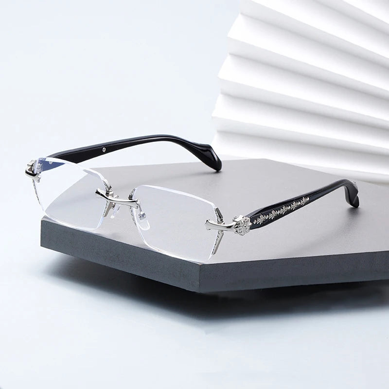 Unisex Rimless Square Reading Glasses - Blue Light Blocking Lightweight Metal Frame Eyeglasses for Men and Women - Presbyopia Corrective Lenses