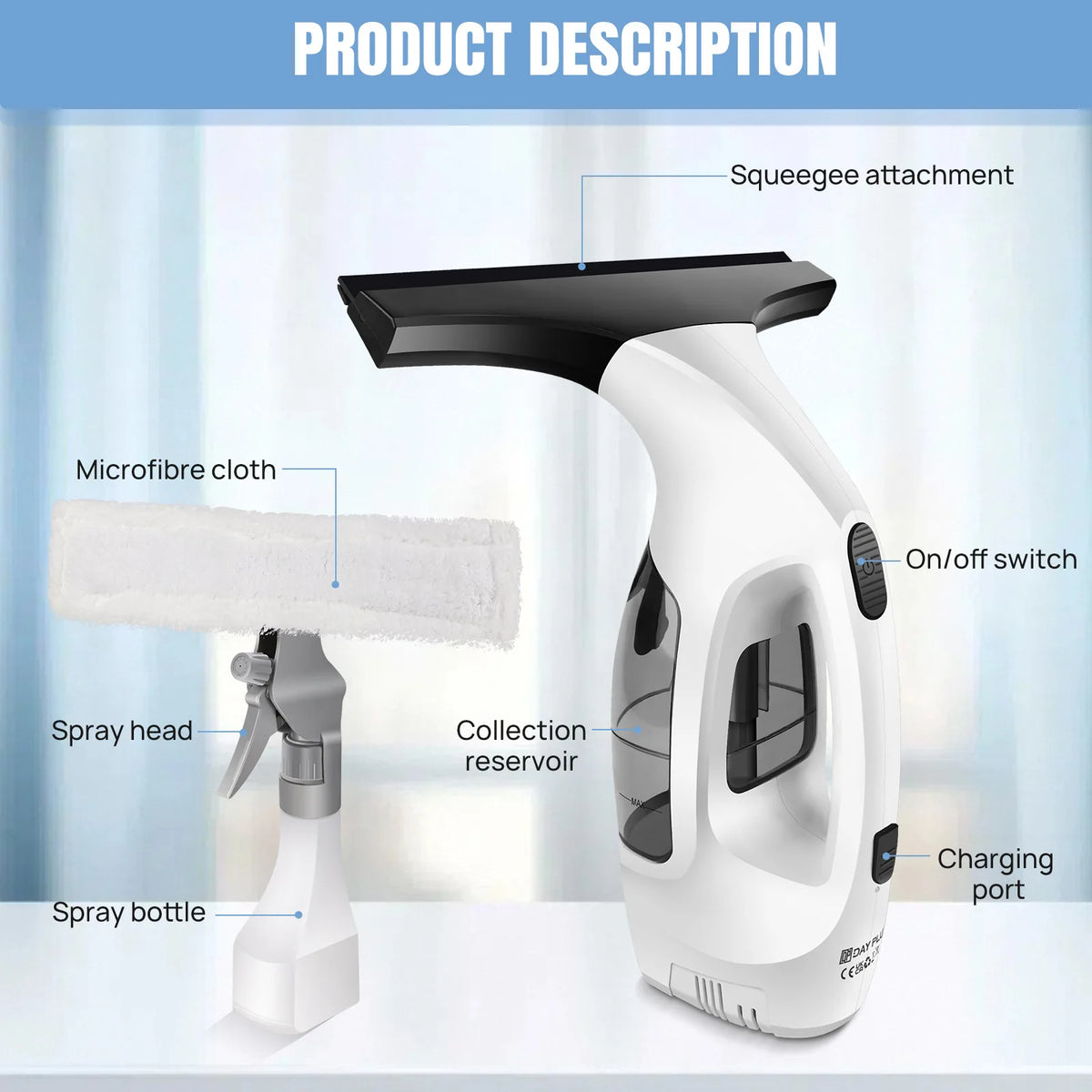 Handheld Electric Window Cleaner and Vacuum Mop - Portable 2-in-1 Glass Squeegee with Water Spray and Suction for Household and Outdoor Use - Unisex