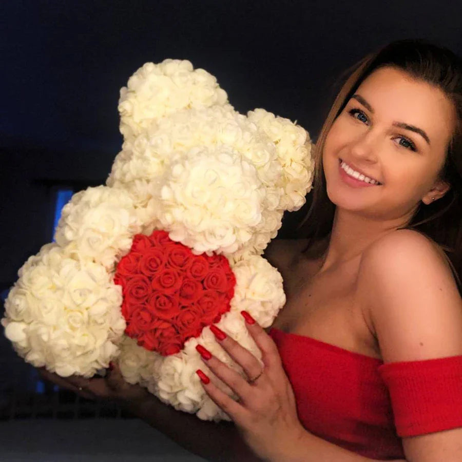 Rose Bear Artificial Flower Teddy Bear - Handmade PE Foam Everlasting Roses Gift for Women - Romantic Anniversary and Valentines Decor - 40cm Red