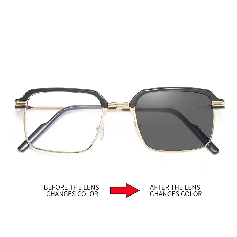 Unisex Anti Blue Light Reading Glasses with Color Changing Photochromic Lenses - Metal Frame Square Eyeglasses for Diamond Face Shapes - Gray