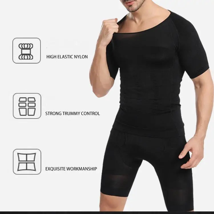 Men's Compression Body Shaper T-Shirt - Slimming Abdomen Fat Burning Undershirt - Polyester Spandex Posture Corrective Vest for Men - M to XXL