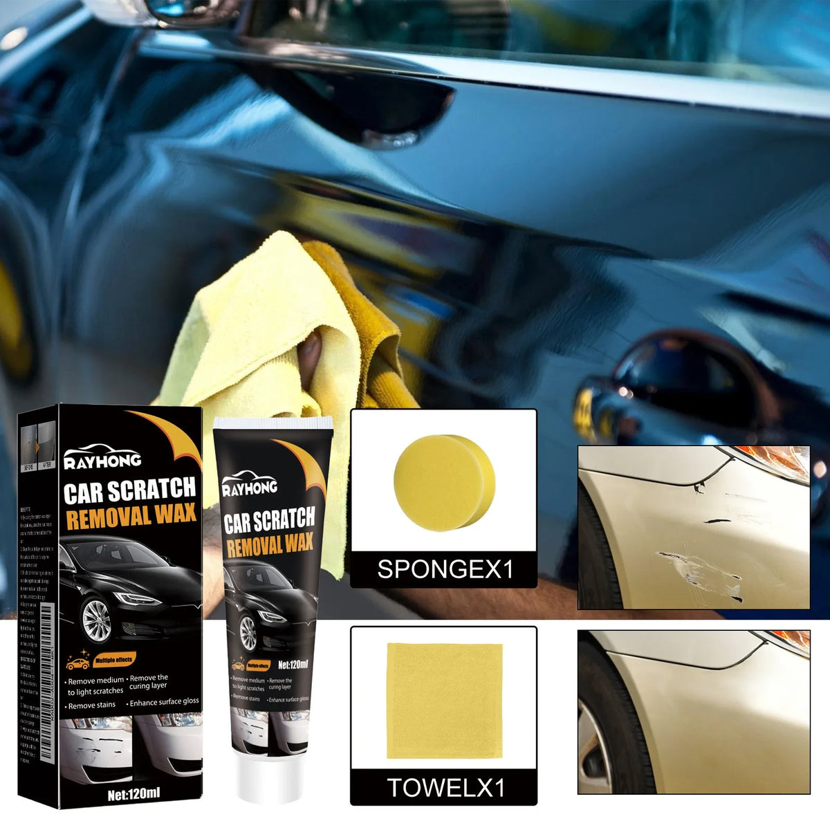 Car Scratch Remover Wax and Paint Repair Kit with Sponge and Towel - Professional Polishing Compound for Scratches, Swirl Marks, and Scuffs