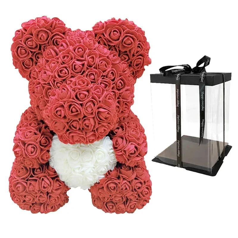 Rose Bear Artificial Flower Teddy Bear - Handmade PE Foam Everlasting Roses Gift for Women - Romantic Anniversary and Valentines Decor - 40cm Red