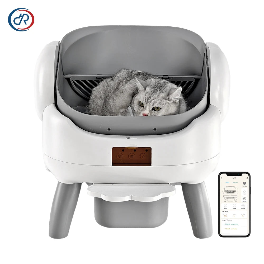 Large Automatic Self-Cleaning Cat Litter Box with Smart App Control - Open Top Pet Toilet with Radar Safety Sensors and Detachable Step - Gray