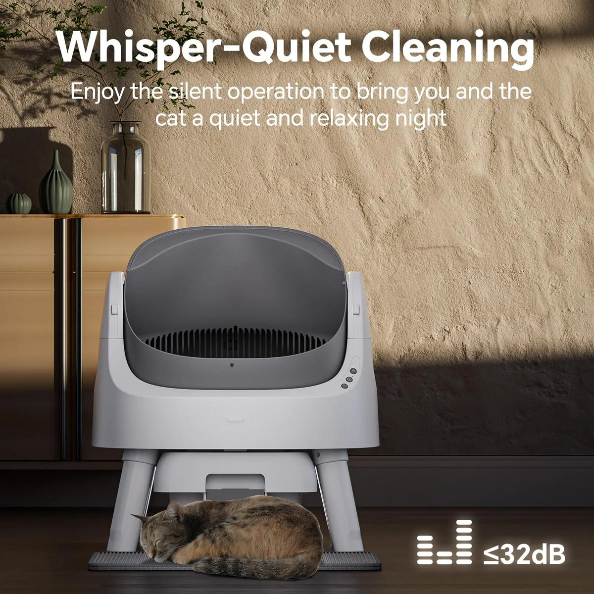 Smart Automatic Self-Cleaning Cat Litter Box with 10L Waste Tray - Quiet Plastic Pet Toilet with Safety Sensors for Cats of All Sizes - Gray