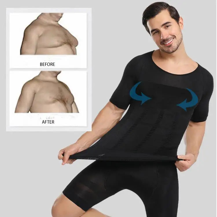 Men's Compression Body Shaper T-Shirt - Slimming Abdomen Fat Burning Undershirt - Polyester Spandex Posture Corrective Vest for Men - M to XXL