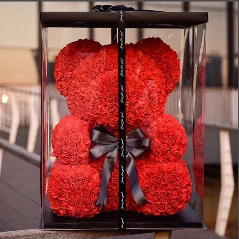 Rose Bear Artificial Flower Teddy Bear - Handmade PE Foam Everlasting Roses Gift for Women - Romantic Anniversary and Valentines Decor - 40cm Red