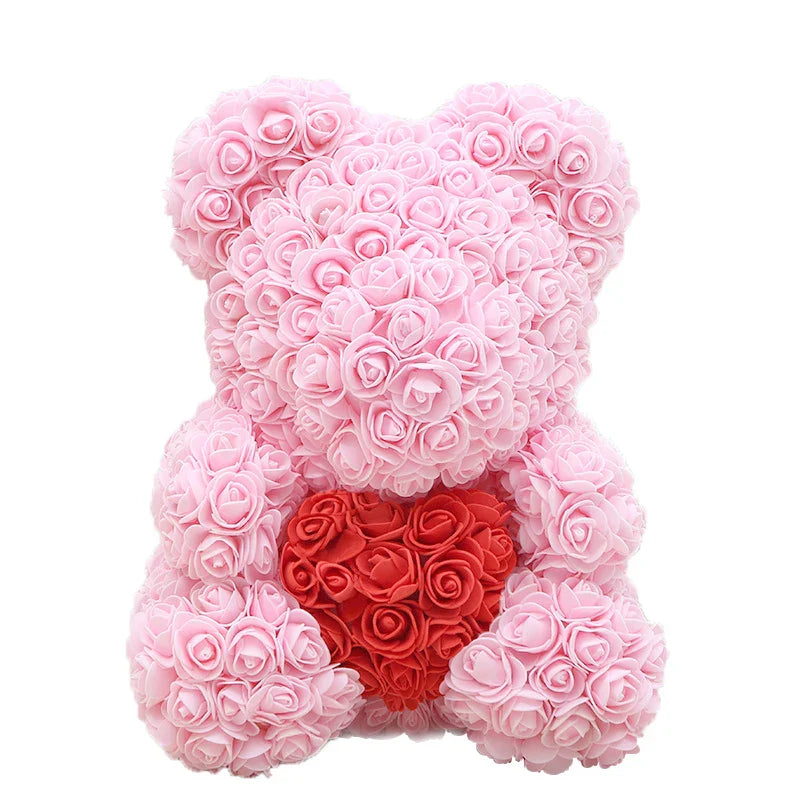 Rose Bear Artificial Flower Teddy Bear - Handmade PE Foam Everlasting Roses Gift for Women - Romantic Anniversary and Valentines Decor - 40cm Red